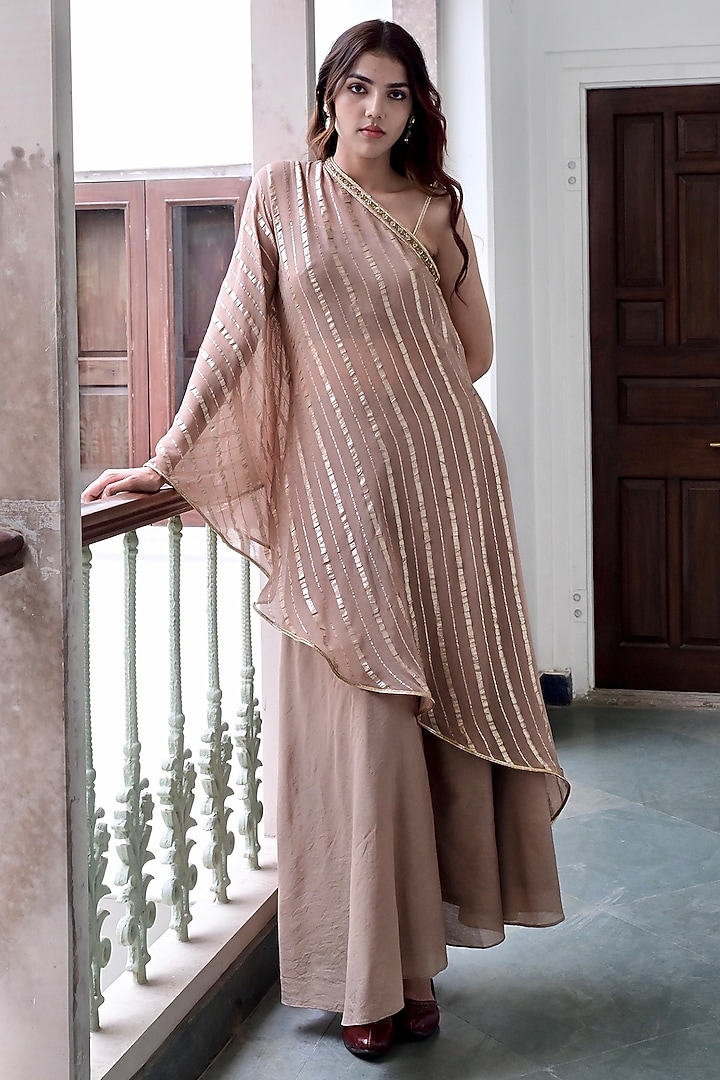 Golden Beige Cotton Lurex Embroidered Co-Ord Set by TARO at Pernia's Pop Up Shop