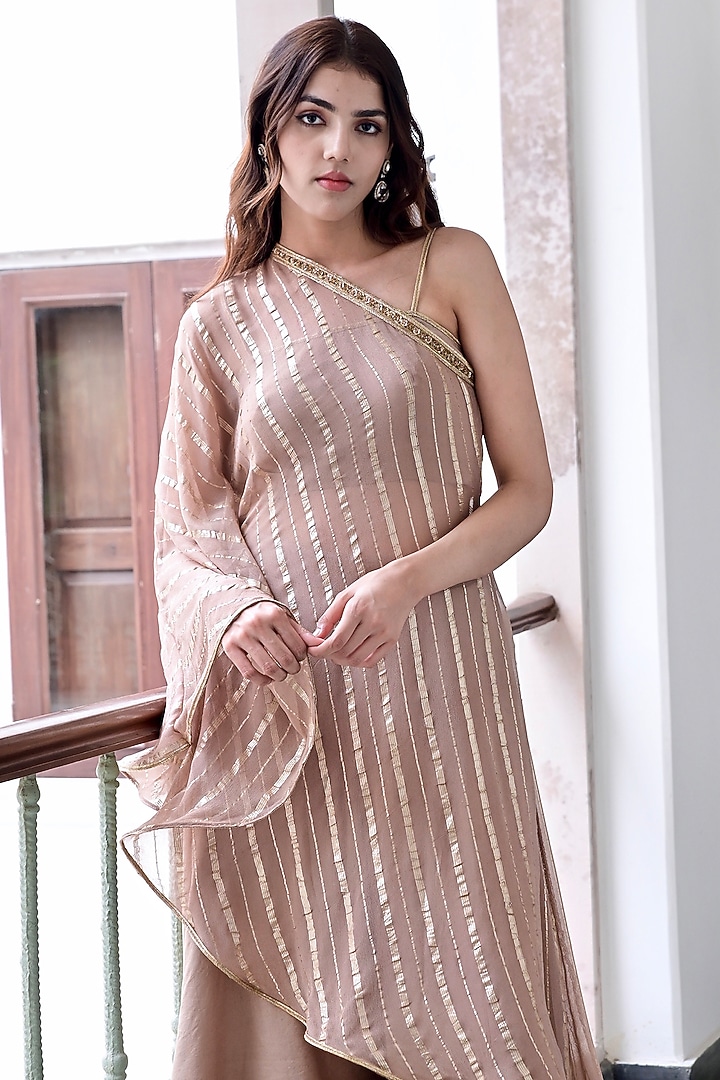 Golden Beige Cotton Lurex Embroidered Co-Ord Set by TARO at Pernia's Pop Up Shop