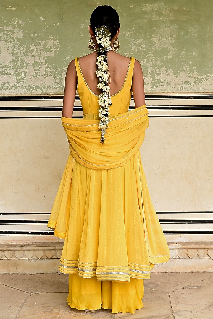 Zoori Mustard Yellow Kota Doriya Embroidery Anarkali Set