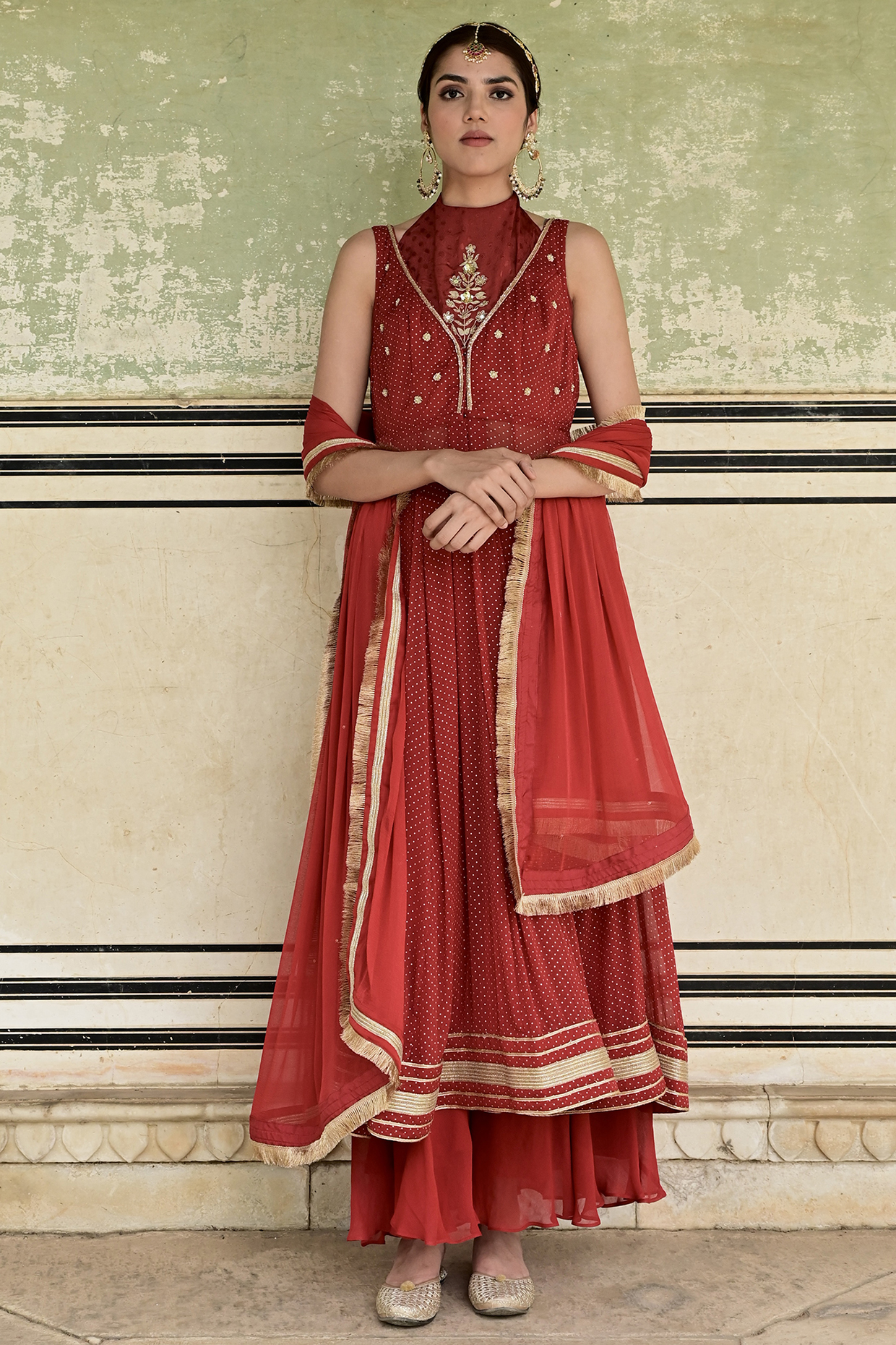 Red Chiffon Zari & Sequins Embroidered Party Wear Anarkali Set by TARO at Pernia's Pop Up Shop