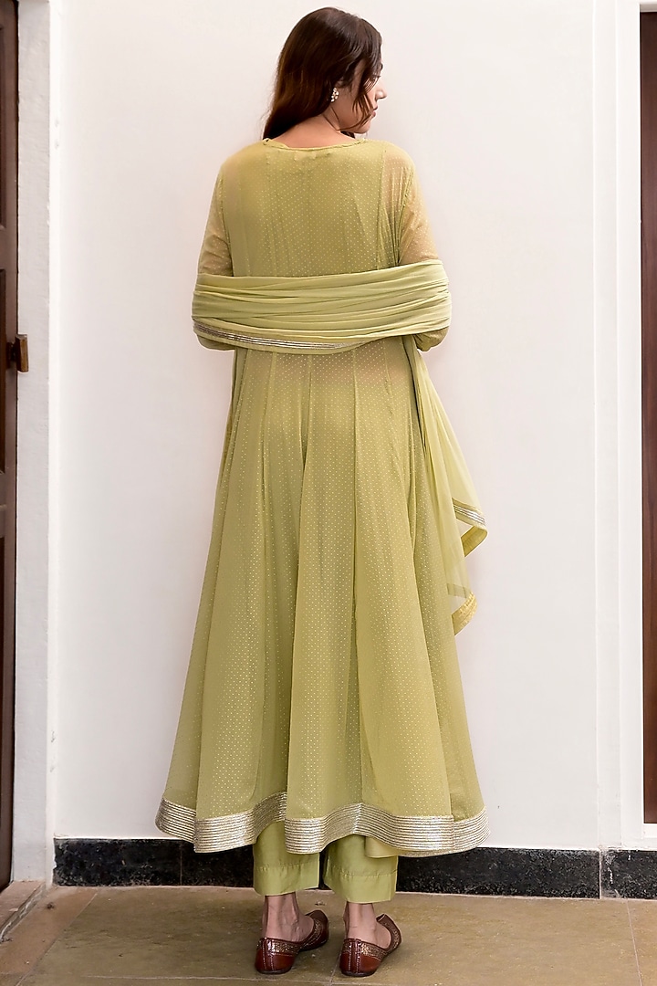 Pista Green Chiffon Dew Drop Gathered Kurta Set by TARO at Pernia's Pop Up Shop