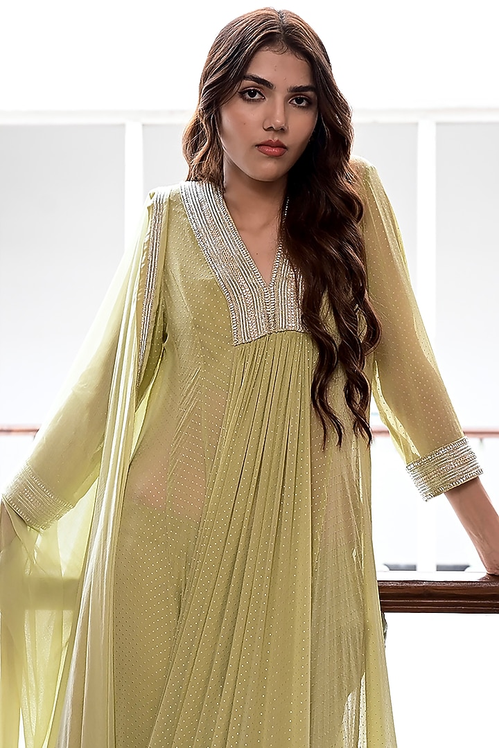Pista Green Chiffon Dew Drop Gathered Kurta Set by TARO at Pernia's Pop Up Shop