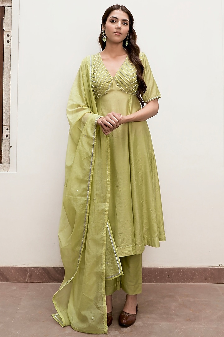 Pista Green Chanderi Silk Cutdana Embroidered A-Line Kurta Set by TARO at Pernia's Pop Up Shop