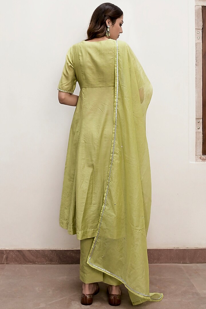 Pista Green Chanderi Silk Cutdana Embroidered A-Line Kurta Set by TARO at Pernia's Pop Up Shop