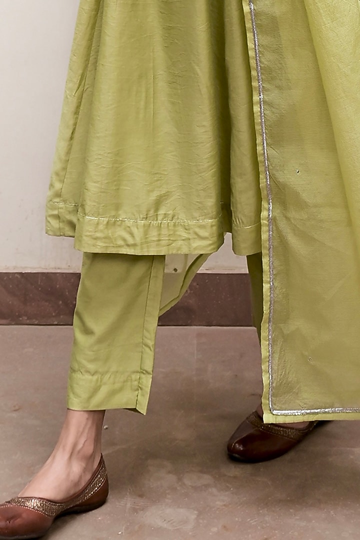 Pista Green Chanderi Silk Cutdana Embroidered A-Line Kurta Set by TARO at Pernia's Pop Up Shop