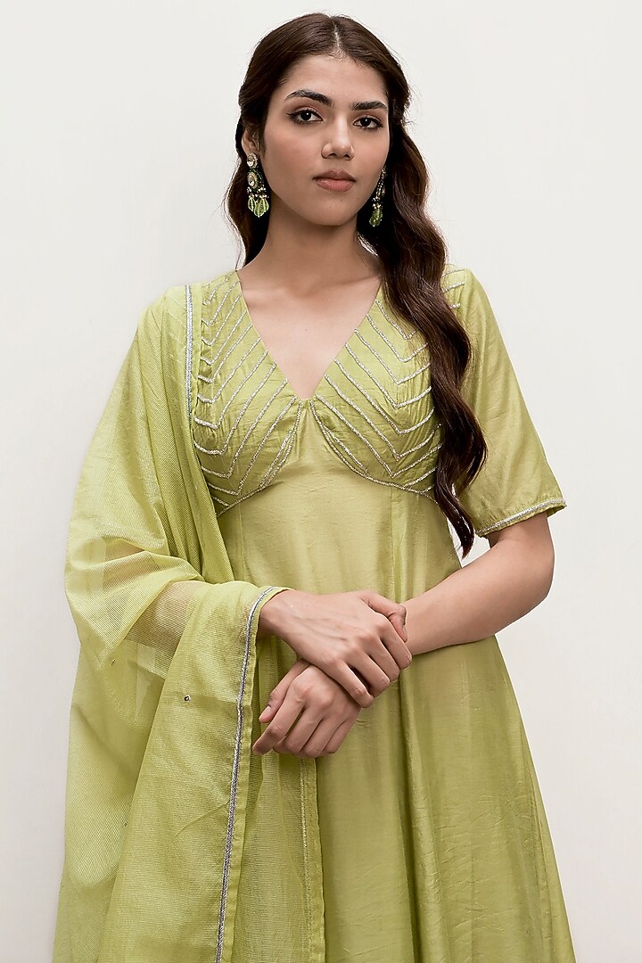 Pista Green Chanderi Silk Cutdana Embroidered A-Line Kurta Set by TARO at Pernia's Pop Up Shop