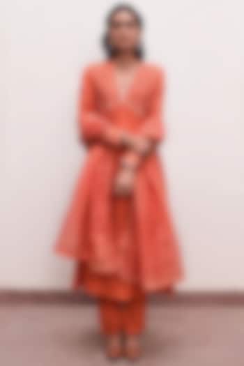 Saffron Chanderi Silk Cutdana Embroidered A-Line Kurta Set by TARO at Pernia's Pop Up Shop