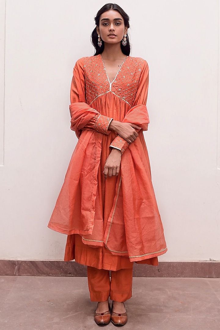 Saffron Chanderi Silk Cutdana Embroidered A-Line Kurta Set by TARO at Pernia's Pop Up Shop