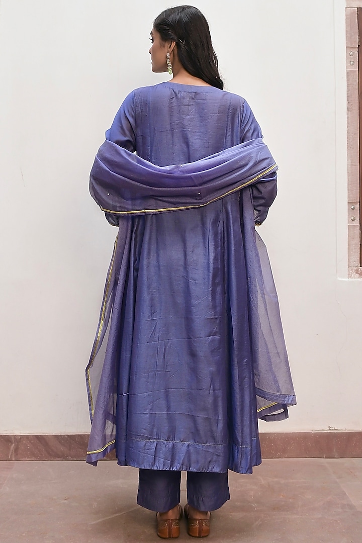 Berry Blue Chanderi Silk Sequins Embroidered A-line Kurta Set by TARO at Pernia's Pop Up Shop