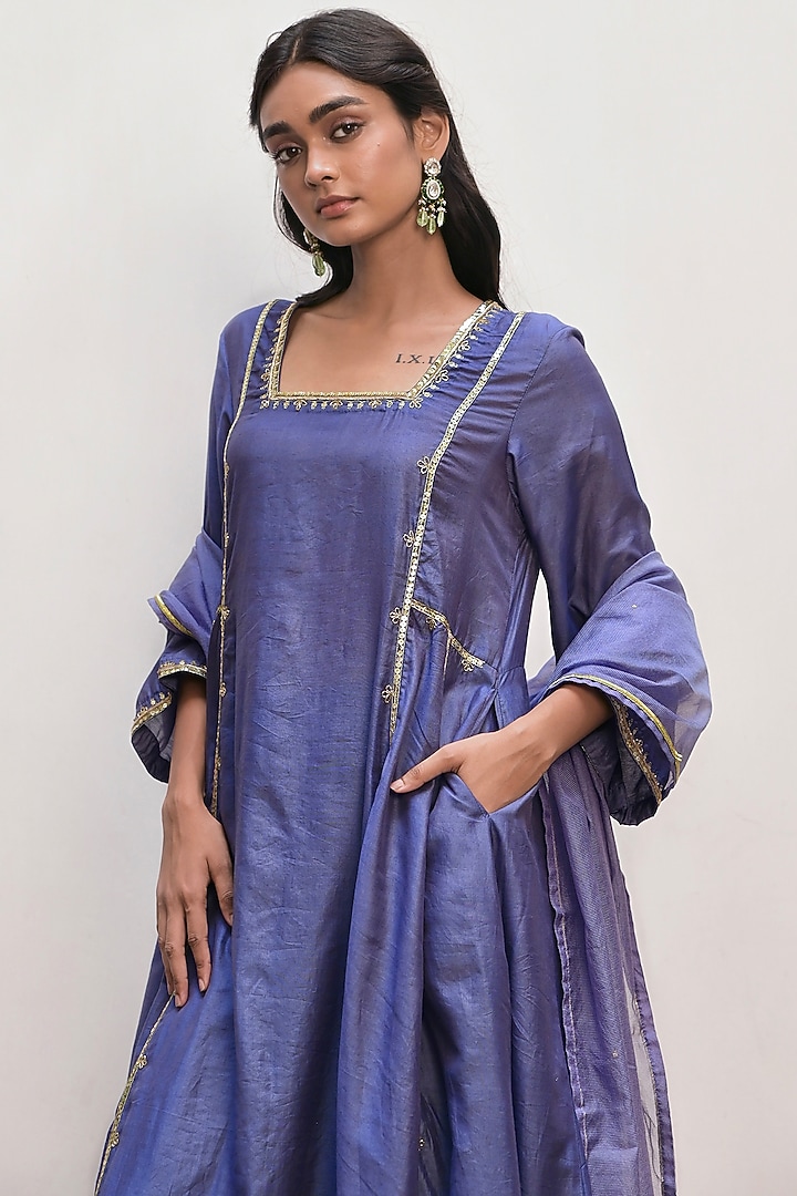 Berry Blue Chanderi Silk Sequins Embroidered A-line Kurta Set by TARO at Pernia's Pop Up Shop