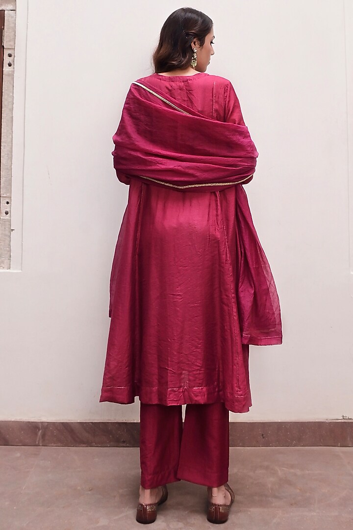 Wine Red Chanderi SIlk A-Line Kurta Set by TARO at Pernia's Pop Up Shop