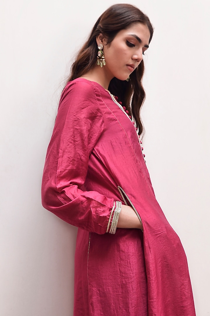 Wine Red Chanderi SIlk A-Line Kurta Set by TARO at Pernia's Pop Up Shop