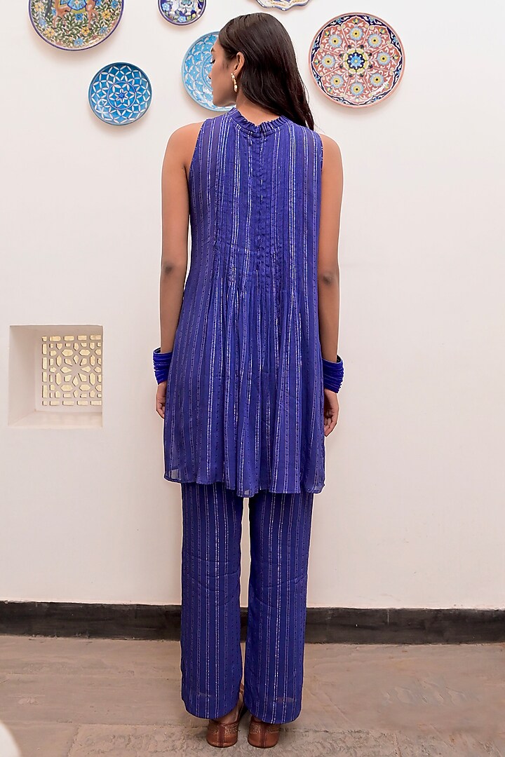 Electric Blue Cotton Crepe Silver Lurex Pintuck Co-Ord Set by TARO at Pernia's Pop Up Shop