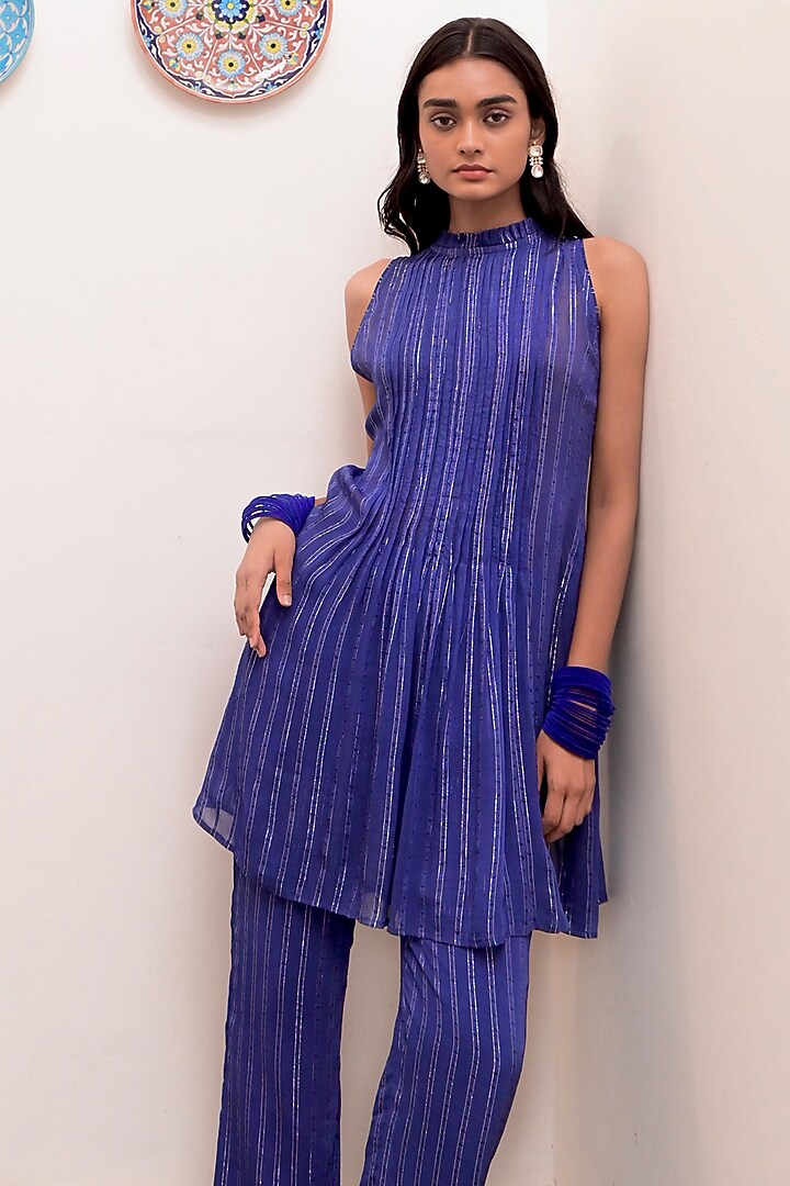 Electric Blue Cotton Crepe Silver Lurex Pintuck Co-Ord Set by TARO at Pernia's Pop Up Shop