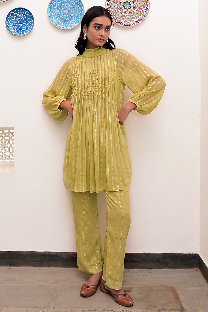 Pista Green Cotton Crepe Silver Lurex Pintuck Co-Ord Set by TARO at Pernia's Pop Up Shop