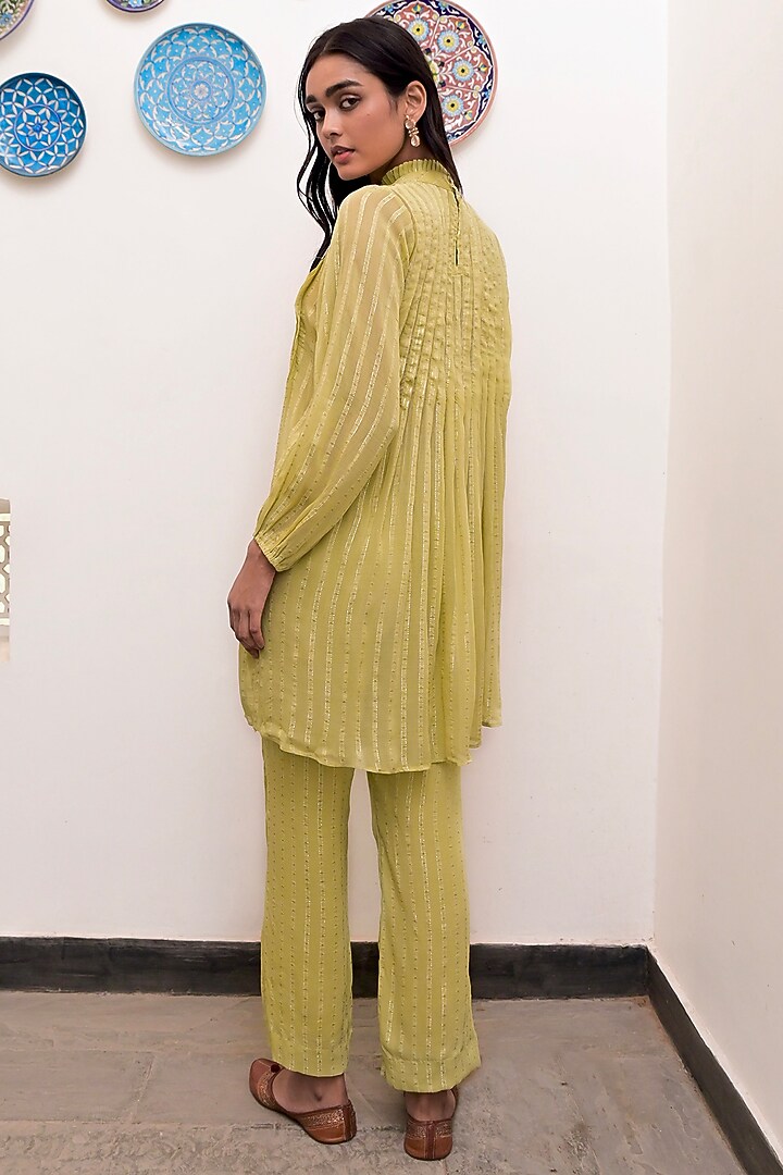 Pista Green Cotton Crepe Silver Lurex Pintuck Co-Ord Set by TARO at Pernia's Pop Up Shop