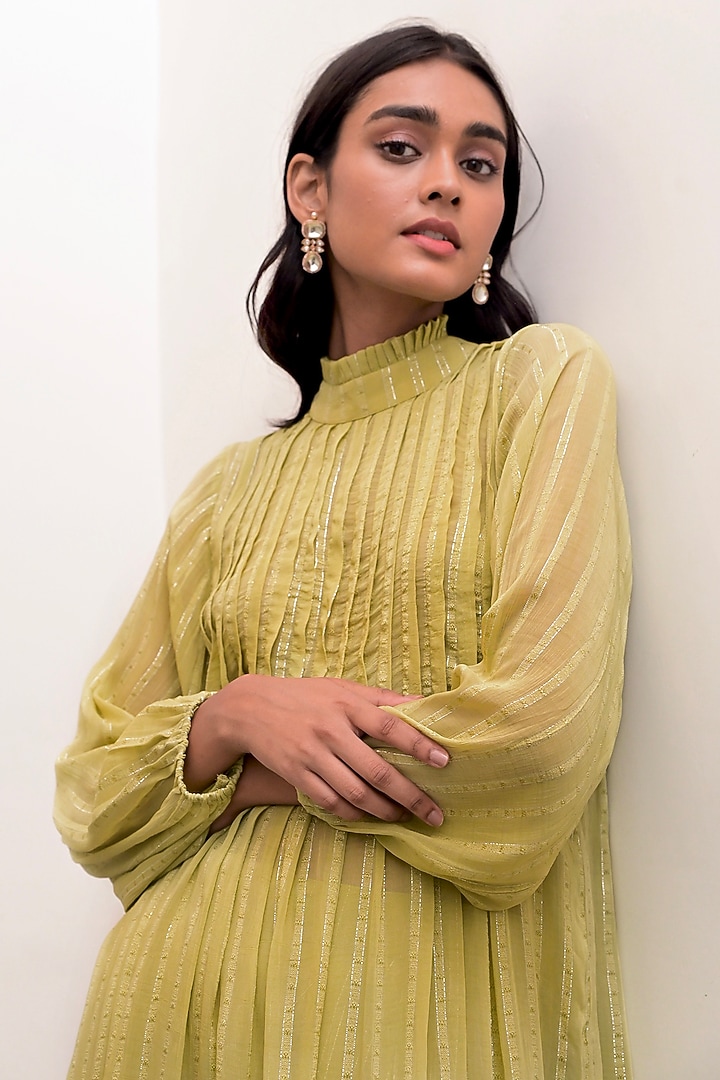 Pista Green Cotton Crepe Silver Lurex Pintuck Co-Ord Set by TARO at Pernia's Pop Up Shop
