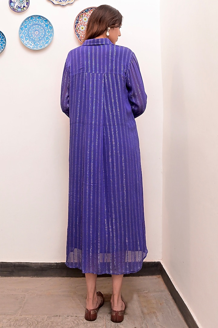Electric Blue Cotton Crepe Silver Lurex Summer Shirt Dress by TARO at Pernia's Pop Up Shop