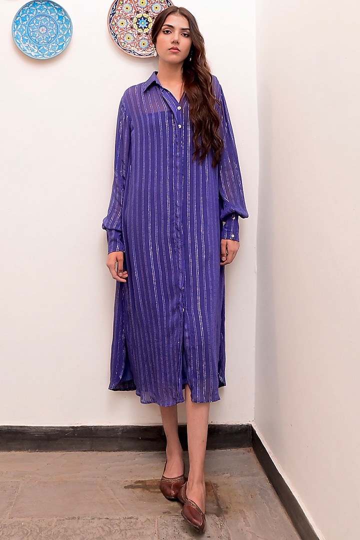 Electric Blue Cotton Crepe Silver Lurex Summer Shirt Dress by TARO at Pernia's Pop Up Shop