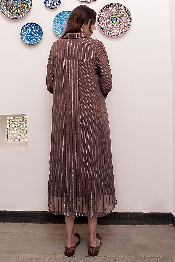 Chocolate Brown Cotton Crepe Silver Lurex Summer Shirt Dress by TARO at Pernia's Pop Up Shop