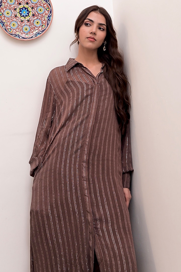 Chocolate Brown Cotton Crepe Silver Lurex Summer Shirt Dress by TARO at Pernia's Pop Up Shop