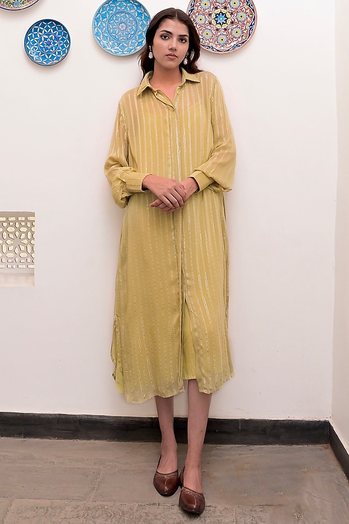 Pista Green Cotton Crepe Silver Lurex Summer Shirt Dress by TARO at Pernia's Pop Up Shop