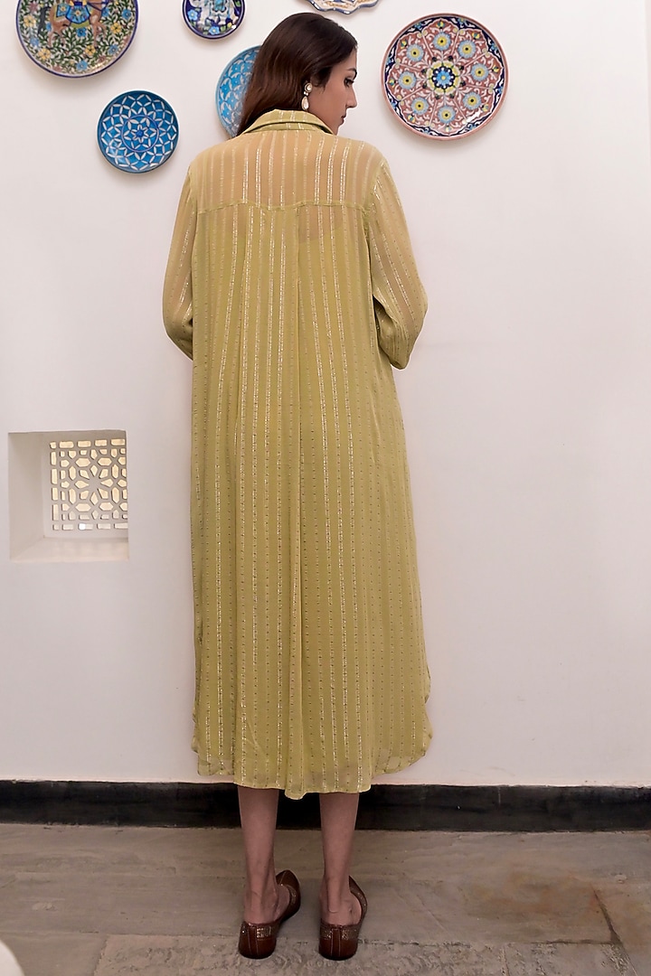 Pista Green Cotton Crepe Silver Lurex Summer Shirt Dress by TARO at Pernia's Pop Up Shop