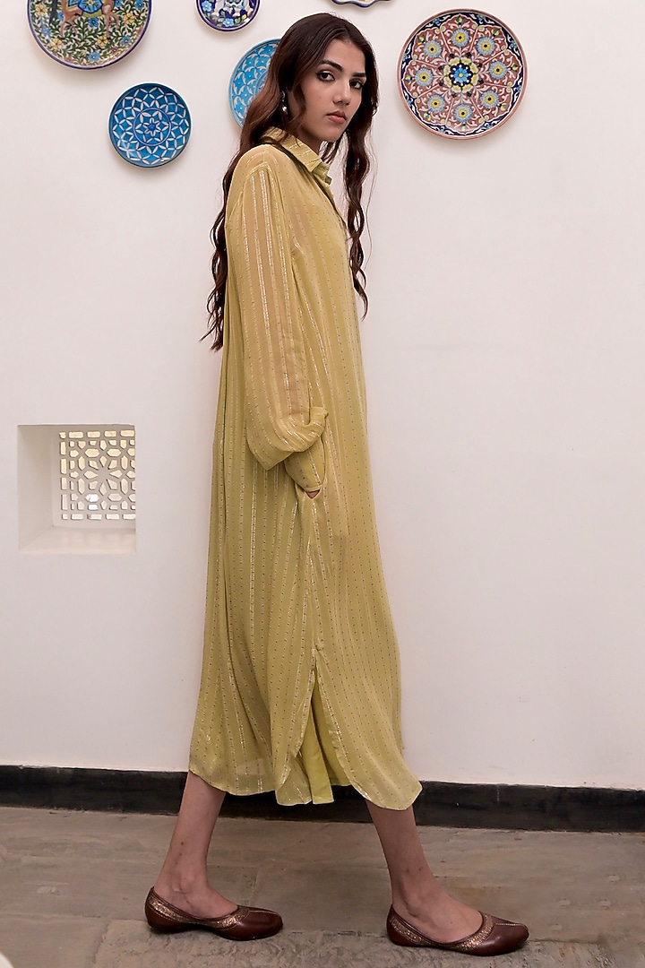 Pista Green Cotton Crepe Silver Lurex Summer Shirt Dress by TARO at Pernia's Pop Up Shop