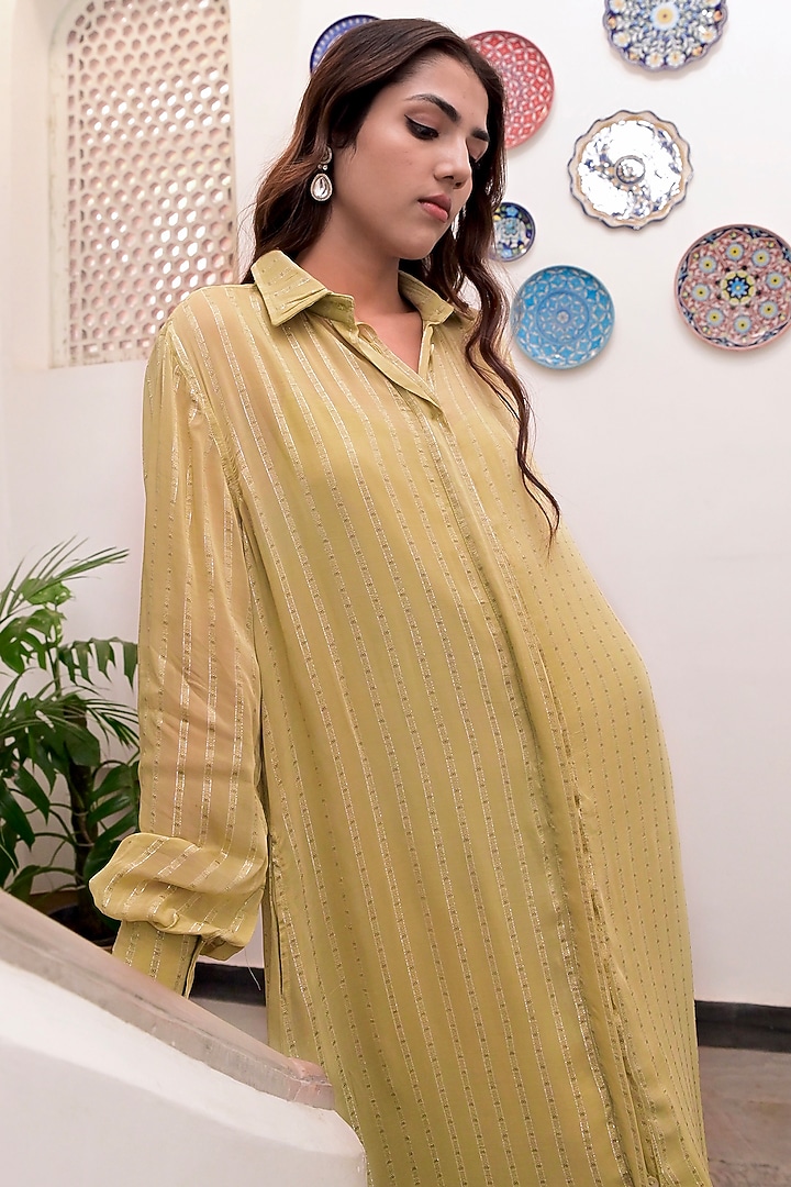 Pista Green Cotton Crepe Silver Lurex Summer Shirt Dress by TARO at Pernia's Pop Up Shop