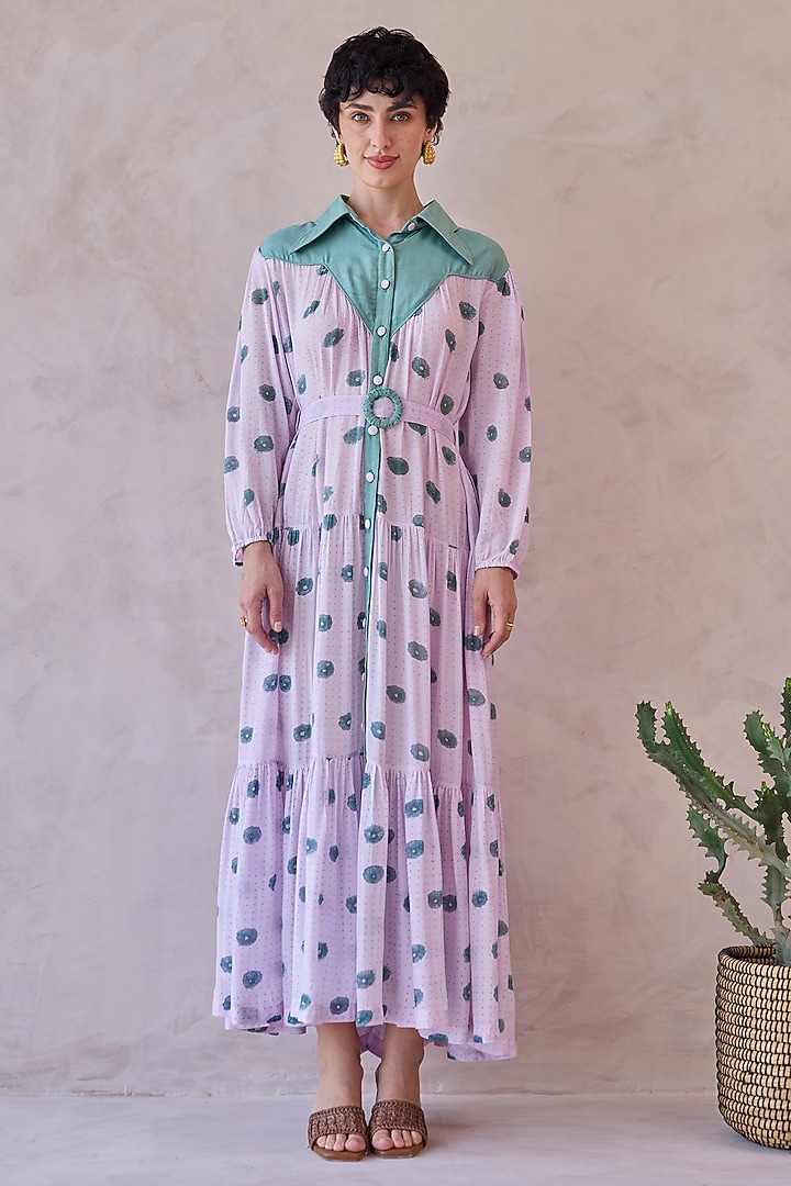 Lilac Handwoven Chanderi Silk Block Printed Tiered Maxi Summer Dress by TARO at Pernia's Pop Up Shop