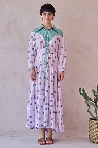 Lilac Handwoven Chanderi Silk Block Printed Tiered Maxi Dress by TARO