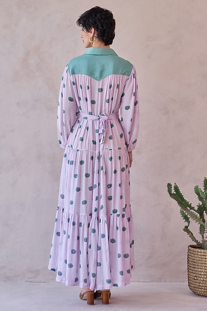 Lilac Handwoven Chanderi Silk Block Printed Tiered Maxi Summer Dress by TARO at Pernia's Pop Up Shop