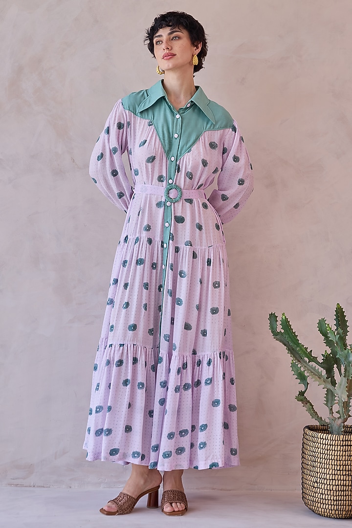 Lilac Handwoven Chanderi Silk Block Printed Tiered Maxi Summer Dress by TARO at Pernia's Pop Up Shop