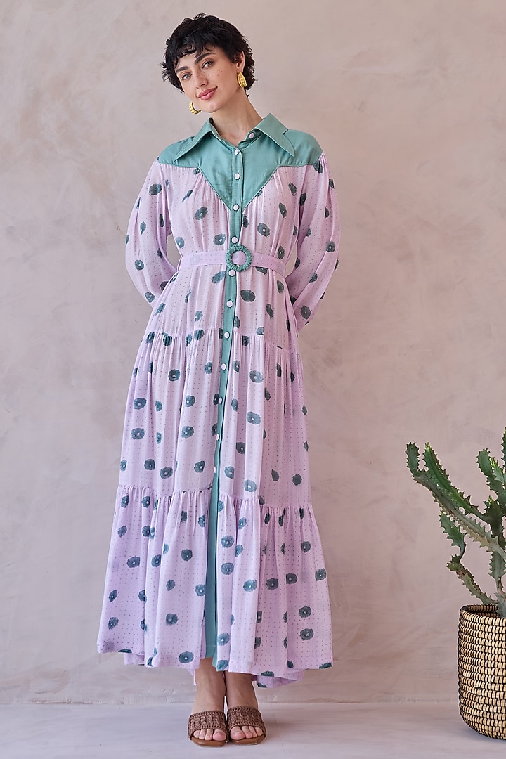 Lilac Handwoven Chanderi Silk Block Printed Tiered Maxi Summer Dress by TARO at Pernia's Pop Up Shop