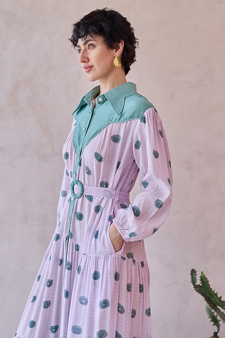Lilac Handwoven Chanderi Silk Block Printed Tiered Maxi Summer Dress by TARO at Pernia's Pop Up Shop