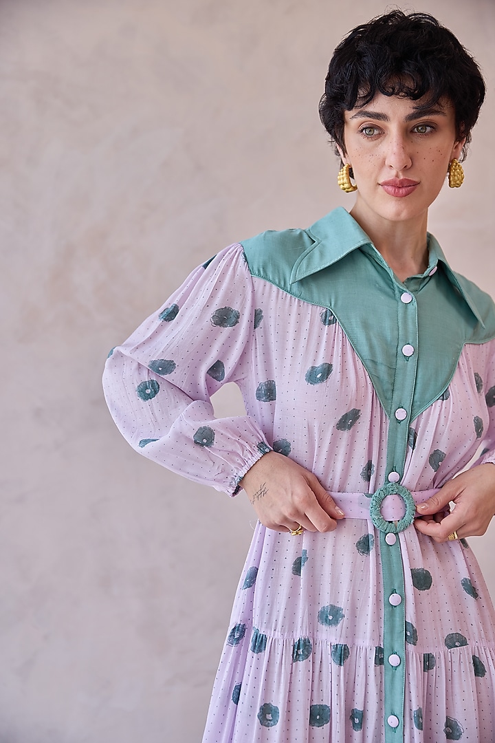 Lilac Handwoven Chanderi Silk Block Printed Tiered Maxi Summer Dress by TARO at Pernia's Pop Up Shop