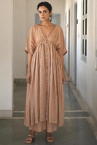 Beige Hand Embroidered Kaftan Set by TARO