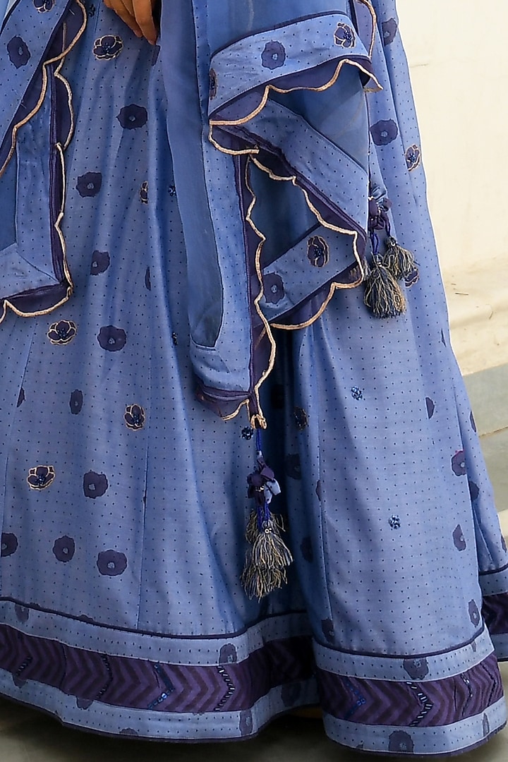 Celtic Blue Handwoven Printed Wedding Lehenga Set by TARO at Pernia's Pop Up Shop