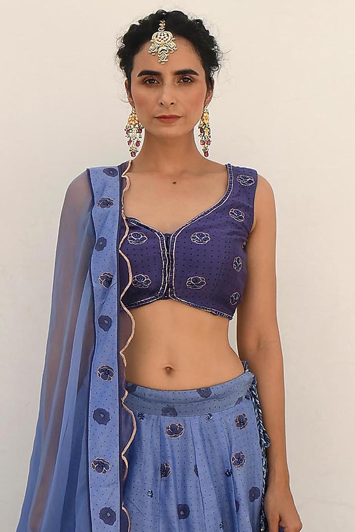 Celtic Blue Handwoven Printed Wedding Lehenga Set by TARO at Pernia's Pop Up Shop