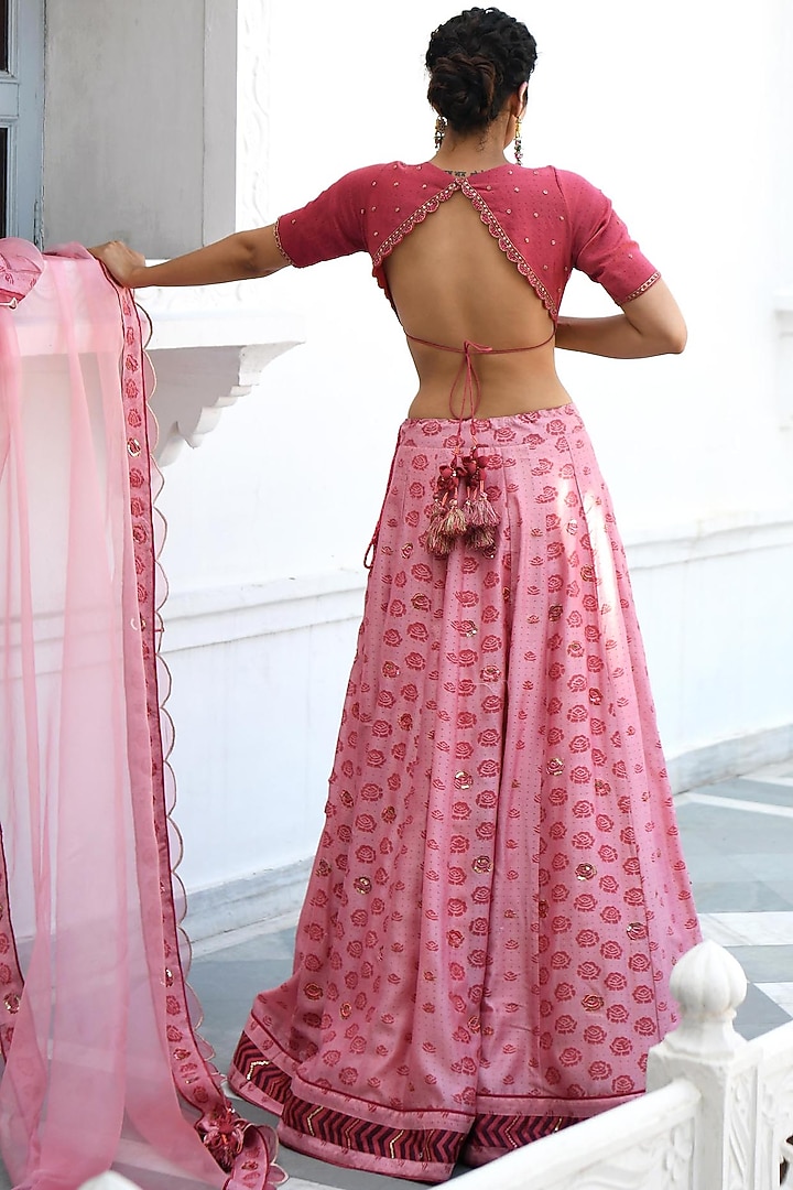 Pink Handwoven Printed Wedding Lehenga Set by TARO at Pernia's Pop Up Shop