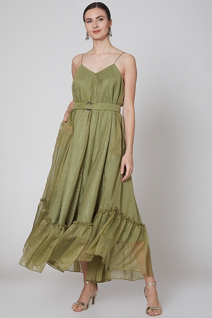 Olive Green Maxi Dress With Belt Design by TARO at Pernia's Pop Up Shop ...