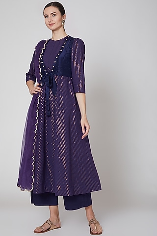 Purple Embroidered Kurta Set With Jacket by TARO