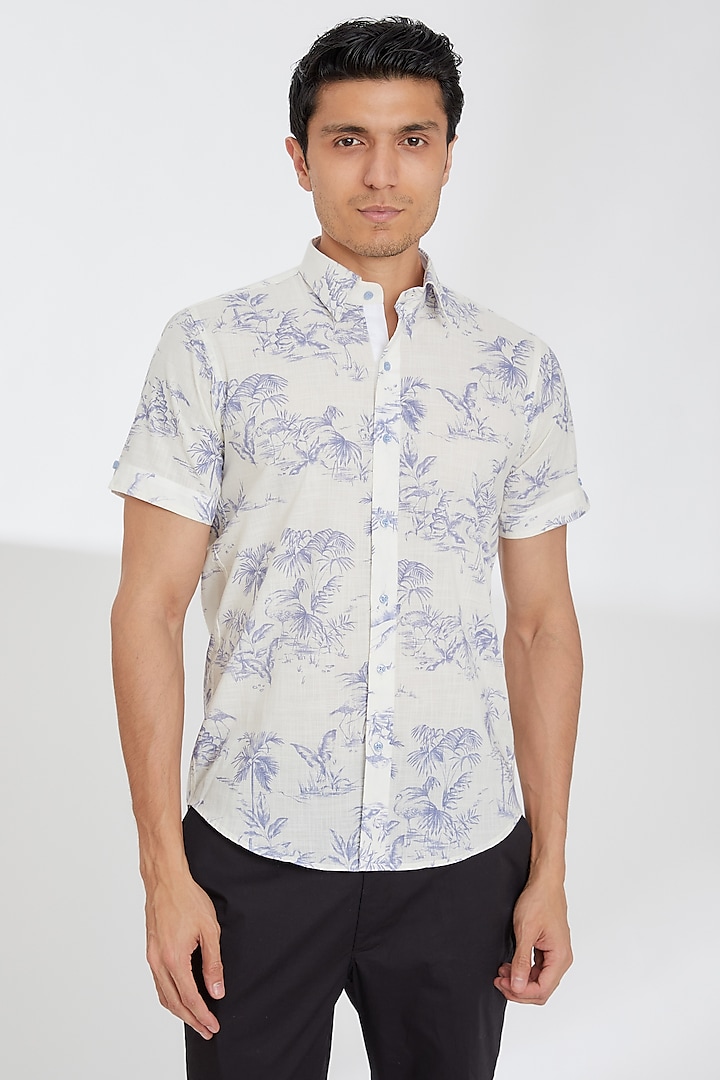 White Cambric Cotton Printed Shirt by Tarini Vij Men at Pernia's Pop Up Shop