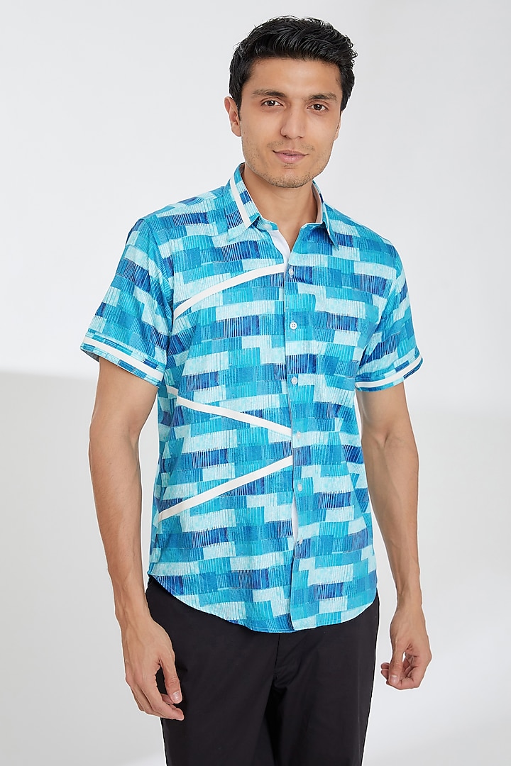 Blue Cotton Printed Shirt by Tarini Vij Men