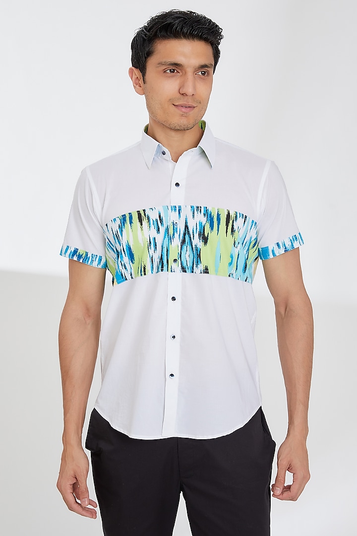 White Cotton Printed Shirt by Tarini Vij Men at Pernia's Pop Up Shop