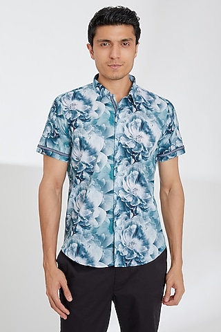 Blue Cotton Printed Shirt by Tarini Vij Men