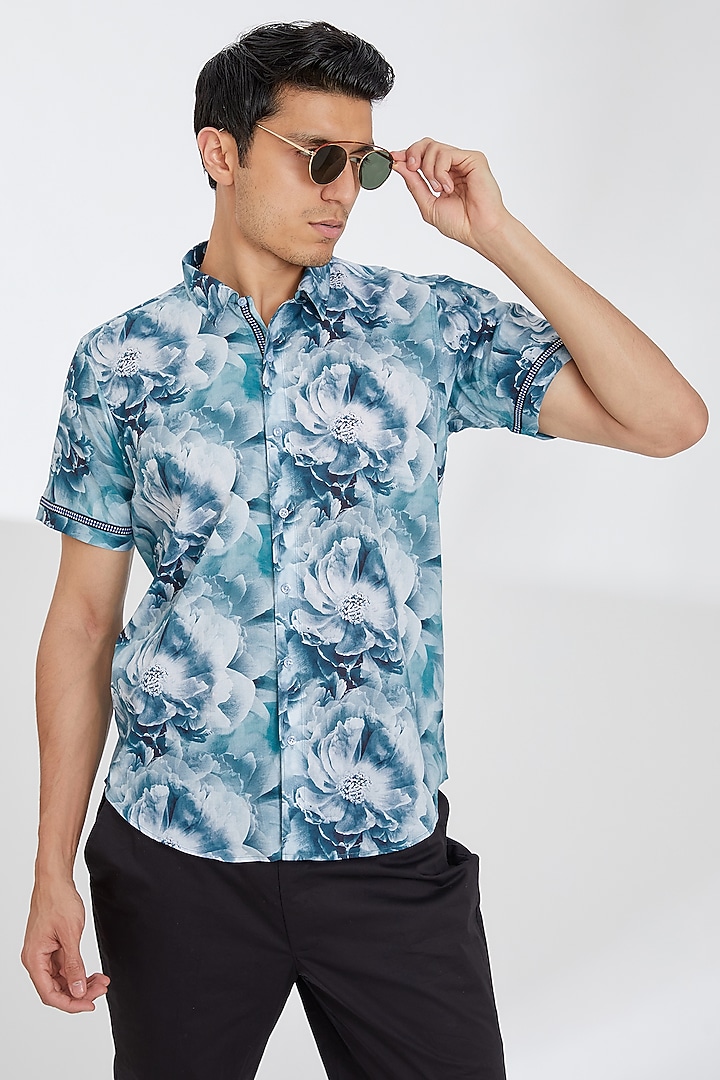 Blue Cotton Printed Summer Shirt by Tarini Vij Men at Pernia's Pop Up Shop