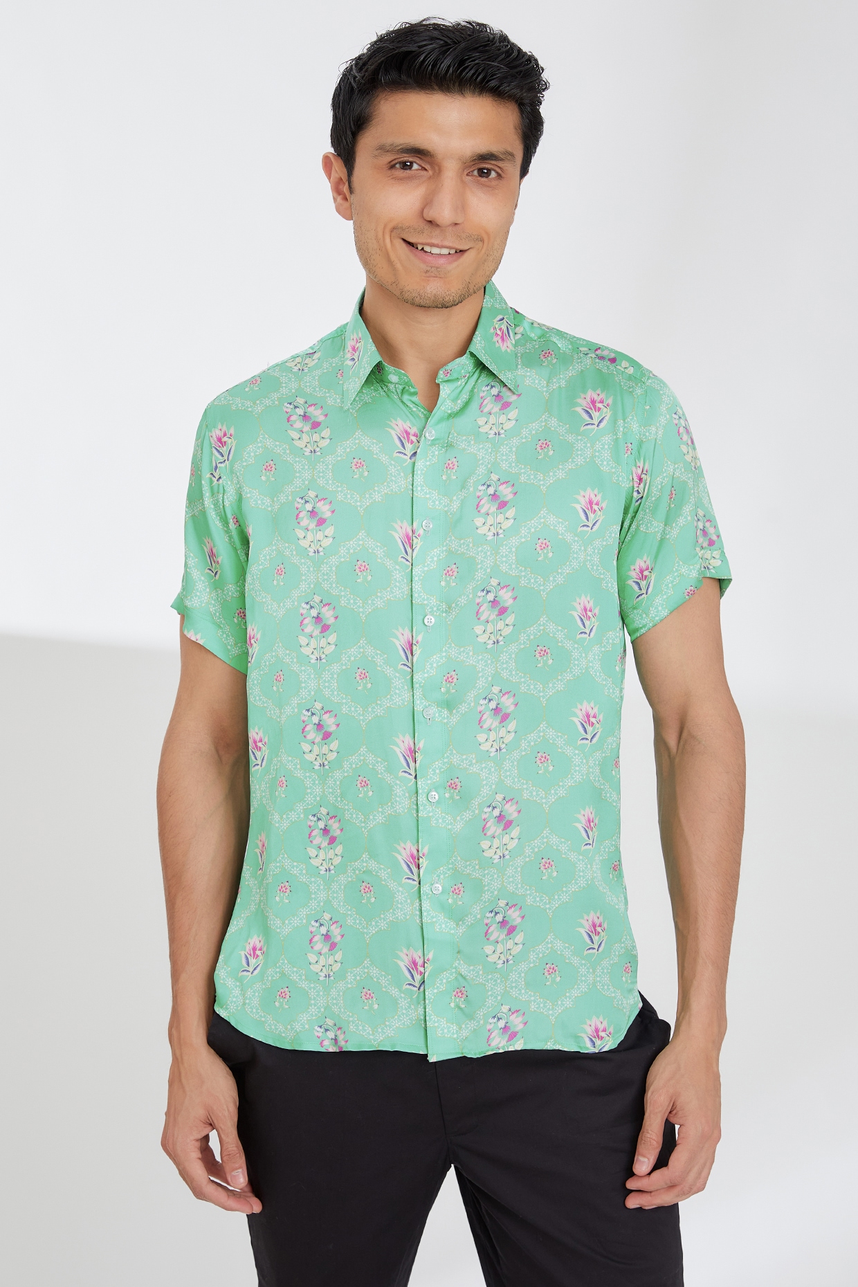 Taakk patchwork-print silk shirt - Green