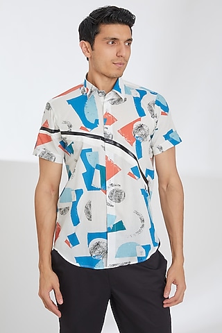 White Cotton Printed Shirt by Tarini Vij Men