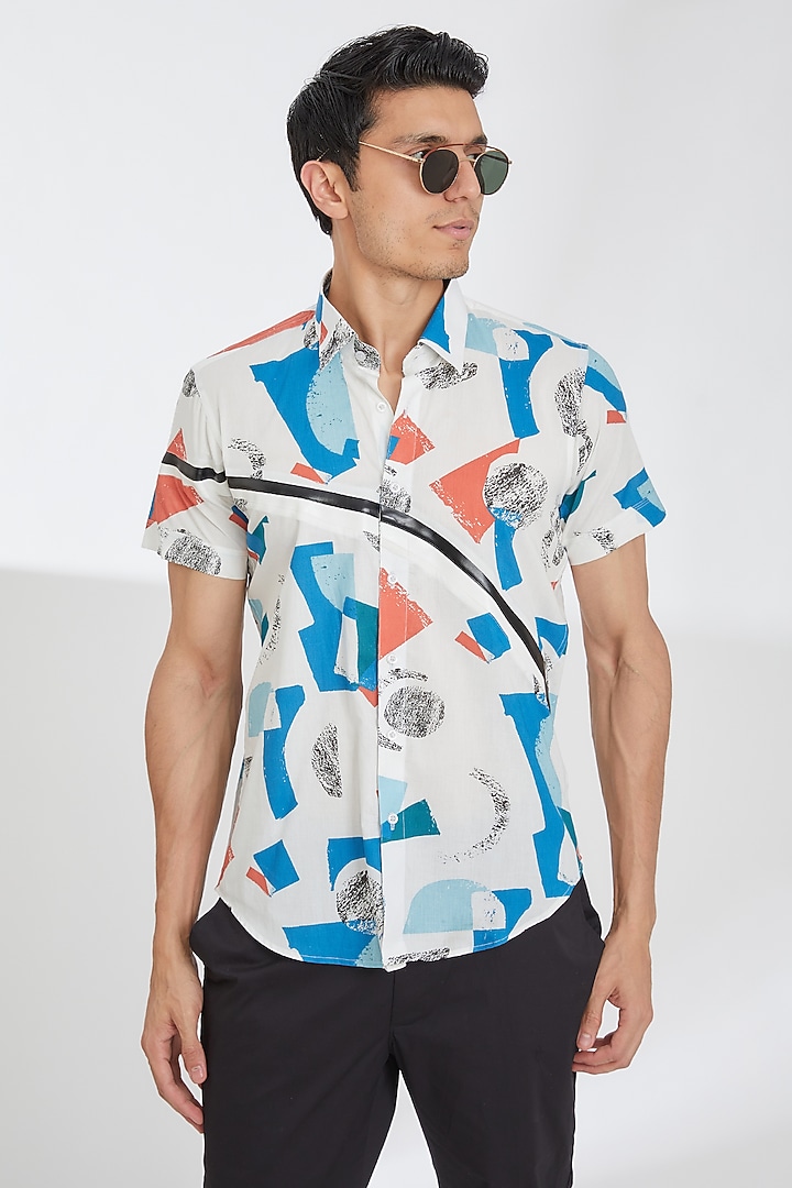 White Cotton Printed Summer Shirt by Tarini Vij Men at Pernia's Pop Up Shop